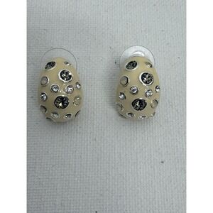Signed DaVinci Rhinestone Earrings Cream Domed Studs Vintage Jewelry Ladies